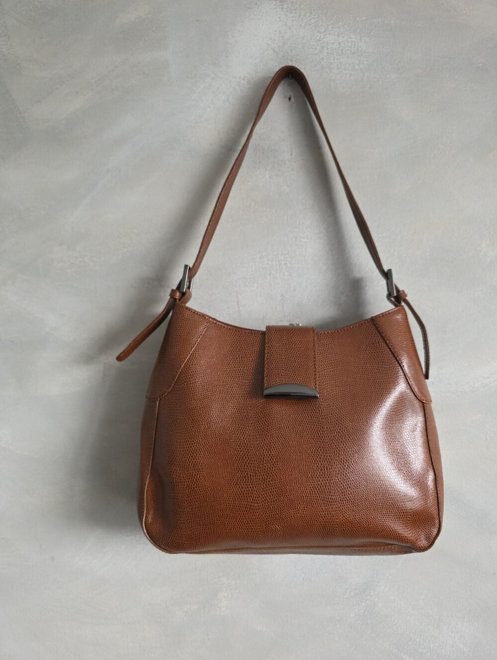 M. London Cognac Lizard Embossed Pebbled Leather Shoulder Bag Vtg 12x10